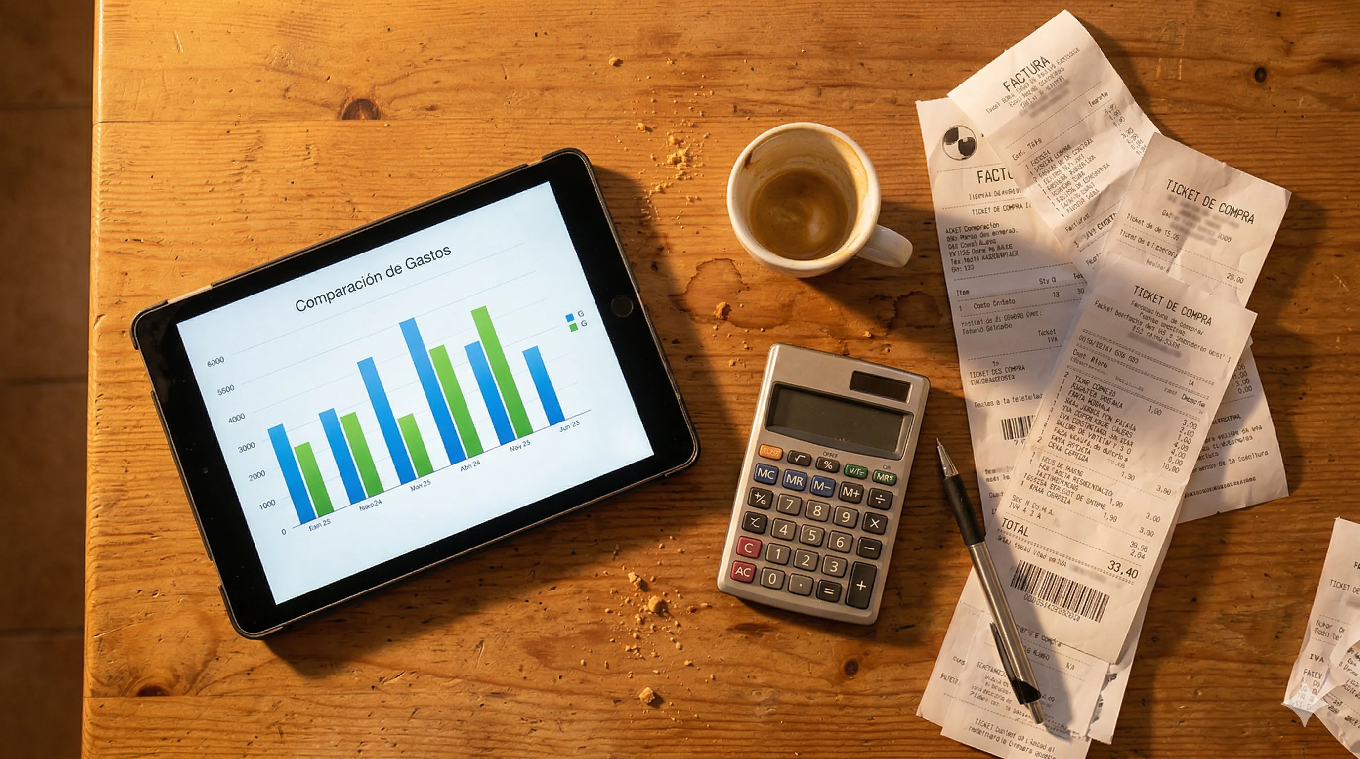 Tablet con gráfico de comparación de gastos, calculadora, recibos y café sobre una mesa de madera